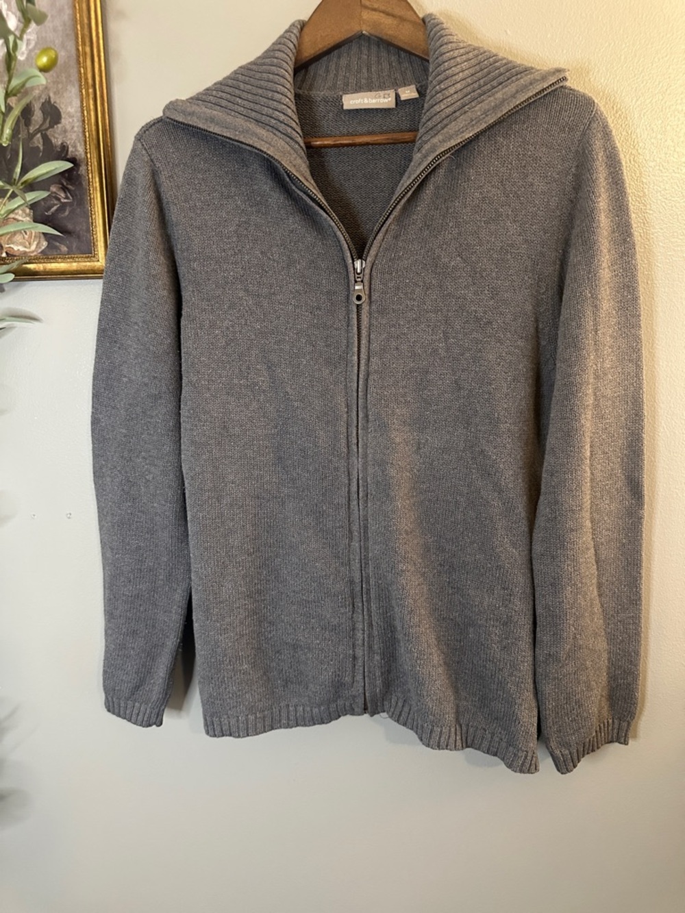 Croft & Barrow Gray Cotton Zip Cardigan Sweater Mock Neck Rib Knit Medium - Picture 3 of 8